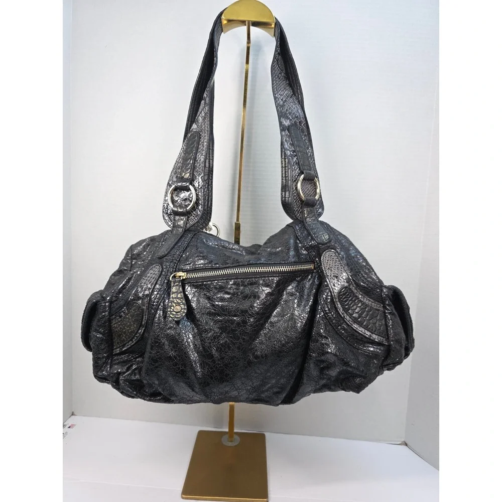 Guess Shoulder Bag Black Snakeskin Y2K Studded Hobo Purse Silver Hardware G Logo